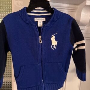 Ralph Lauren boys Big Pony royal blue & navy Full Zip Sweater cotton size 12mos